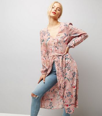 Pink Floral Print Button Front Midi ...